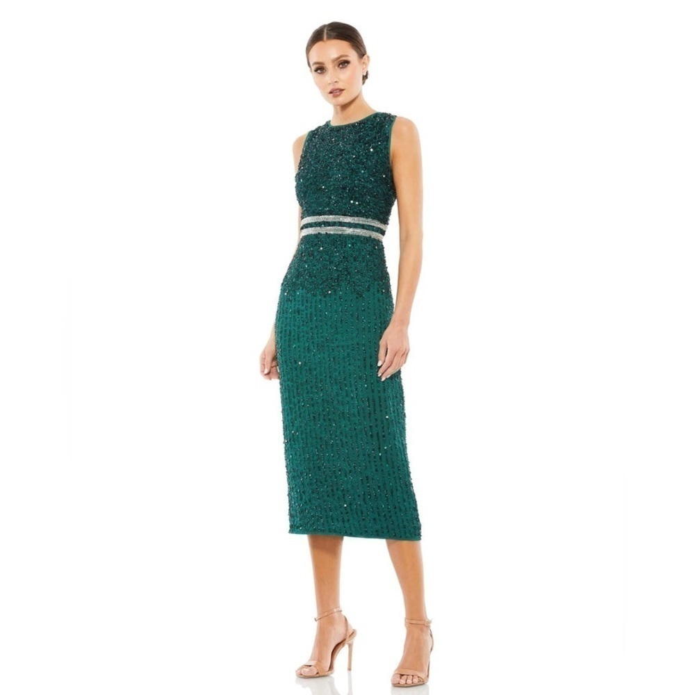 Mac Duggal New Size 2‎ Emerald Green Evening Embellished Sheath Tea Midi Dress